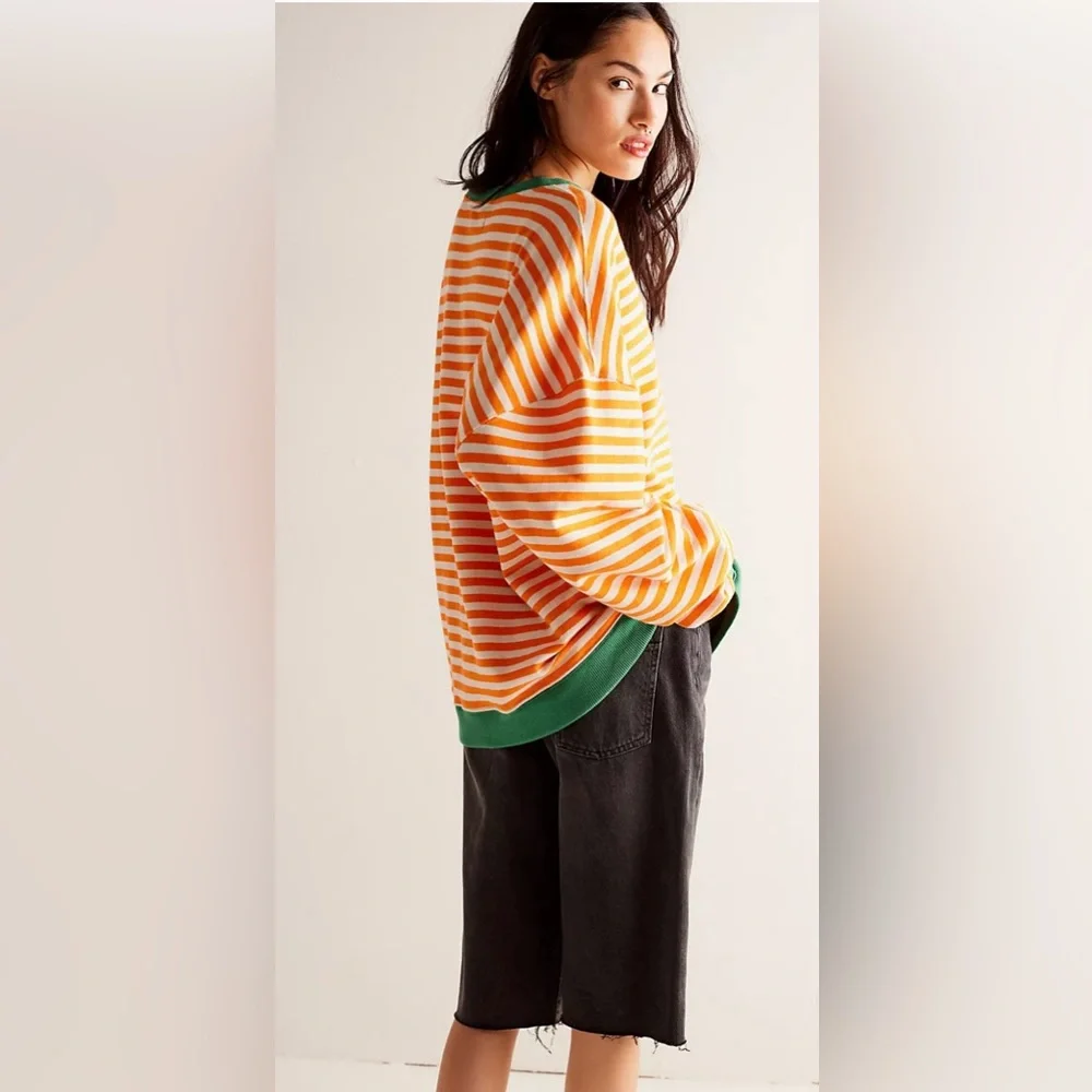 NWOT Free People Classic Stripe Oversized Crewneck Sweatshirt